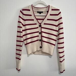 Veronica Beard Womens Knit Cardigan Sweater XS Cream Maroon Preppy Stripe Cotton